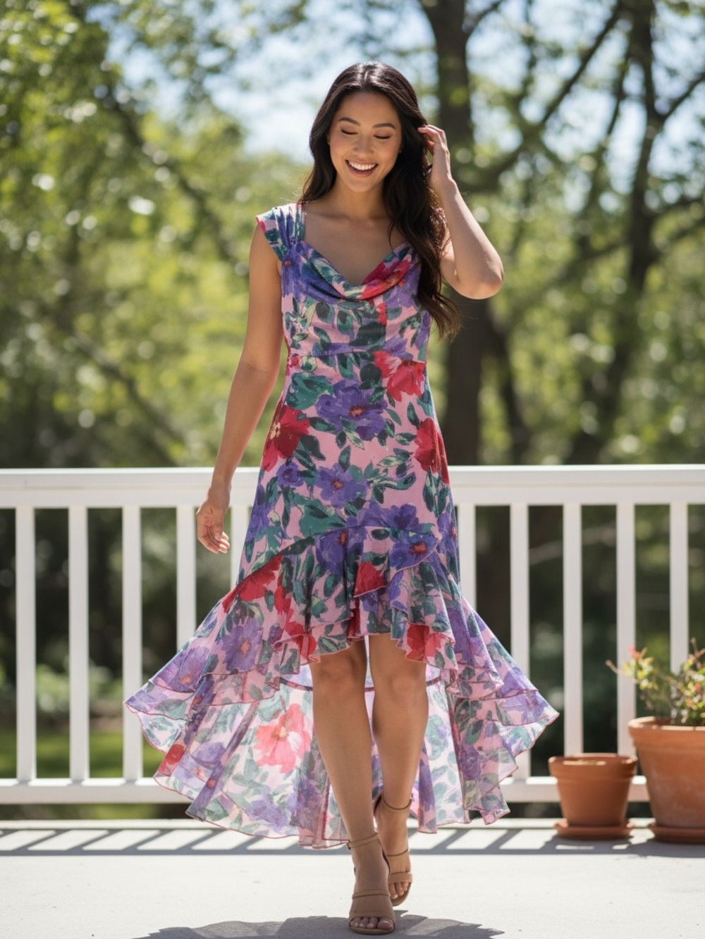 City Studio Pink Floral Asymmetrical Ruffle Maxi Dress